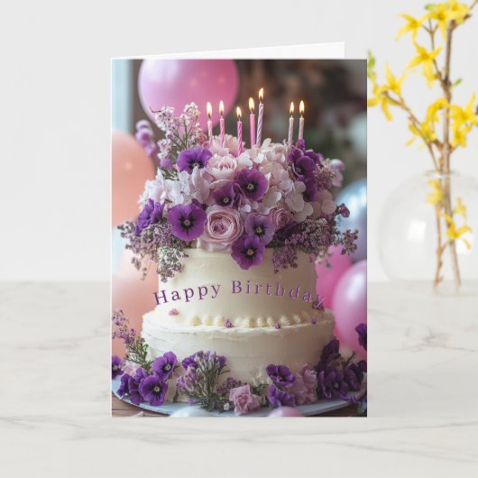 Birthday Cake Purple Pansies Hydrangea Birthday カード (黄色い花)