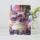 Birthday Cake Purple Pansies Hydrangea Birthday カード (スタンド正面)