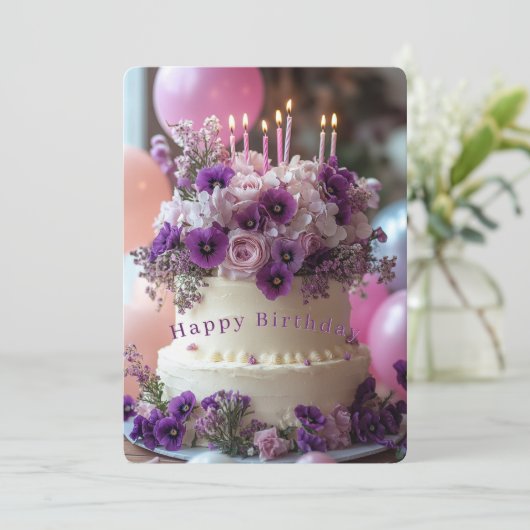 Birthday Cake Purple Pansies Hydrangea Birthday カード (スタンド正面)