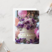 Birthday Cake Purple Pansies Hydrangea Birthday カード (正面/裏面インサイチュ)