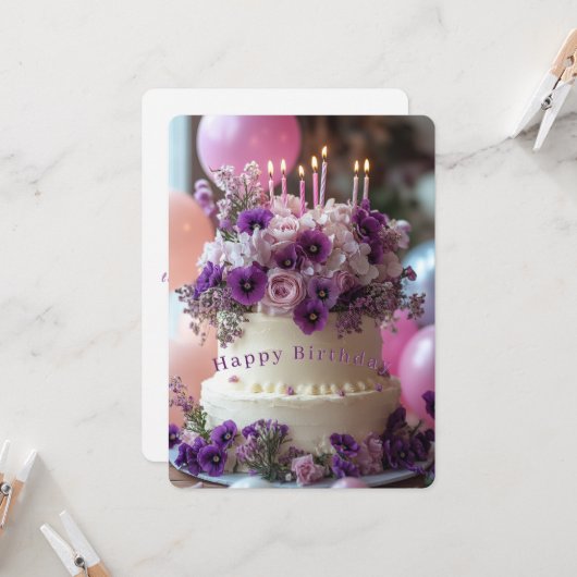Birthday Cake Purple Pansies Hydrangea Birthday カード (正面/裏面インサイチュ)