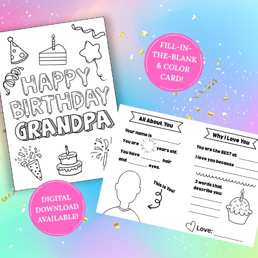 Birthday Card for Grandpa: Kids Coloring Activity カード