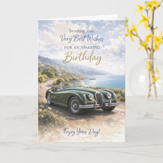 Birthday Card for Him or Her – Classic Car Design カード (黄色い花)