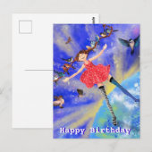 Birthday Card - Happy Girl with Birds ポストカード (正面/裏面)