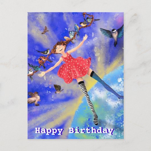 Birthday Card - Happy Girl with Birds ポストカード (正面)