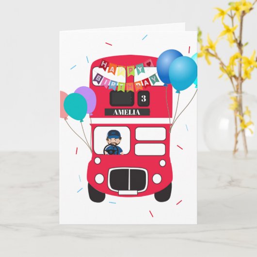 Birthday Card - Personalised Big Red Bus カード (黄色い花)