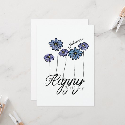 Birthday Card w Blue Flower Balloons and Name カード (正面/裏面インサイチュ)