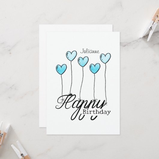 Birthday Card w Light Blue Heart Balloons And Name カード (正面/裏面インサイチュ)