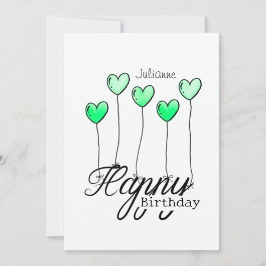 Birthday Card With Green Heart Balloons And Name カード (正面)