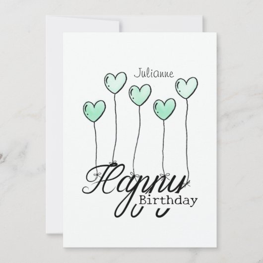 Birthday Card With Mint Heart Balloons And Name カード (正面)