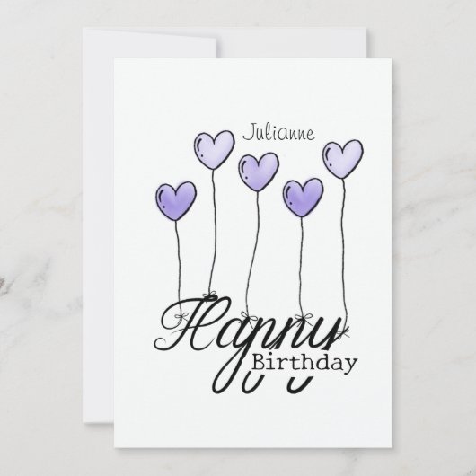 Birthday Card With Purple Heart Balloons And Name カード (正面)
