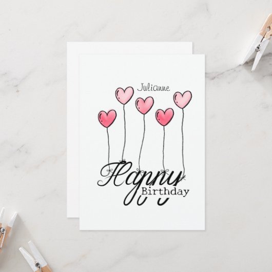 Birthday Card With Red Heart Balloons And Name カード (正面/裏面インサイチュ)