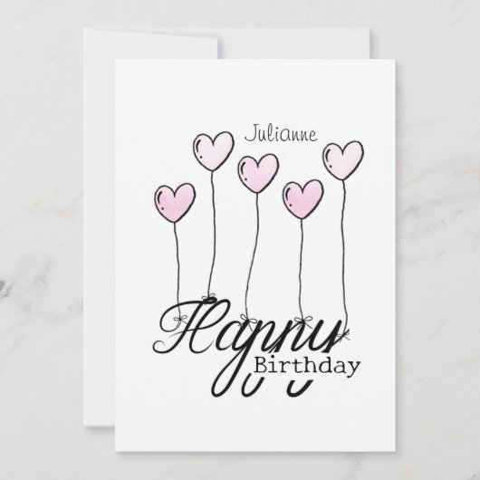 Birthday Card With Rosé Heart Balloons And Name カード (正面)