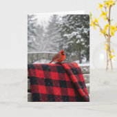 Birthday Cardinal On a Buffalo Plaid Blanket カード (黄色い花)