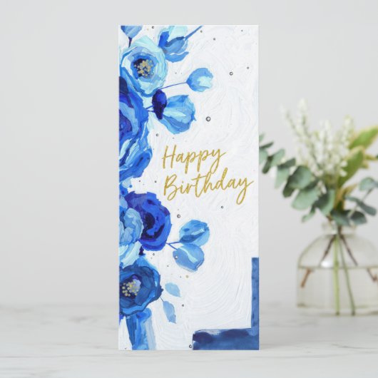 birthday cards blue modern floral watercolor (スタンド正面)