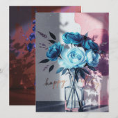 birthday cards blue modern flowers pink watercolor (正面/裏面)