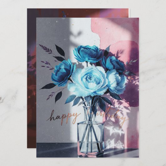 birthday cards blue modern flowers pink watercolor (正面/裏面)