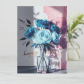 birthday cards blue modern flowers pink watercolor (スタンド正面)