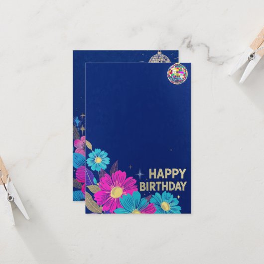 birthday cards blue modern flowers retro カード (正面/裏面インサイチュ)
