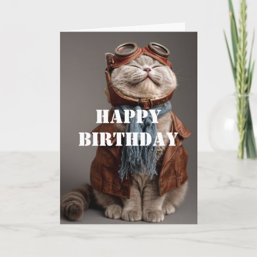 Birthday Cat Pilot Aviator Cool Funny Aviation カード (正面)