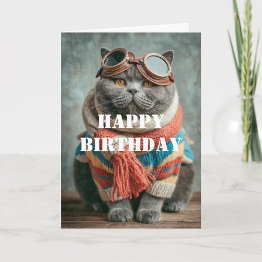 Birthday Cat Pilot Aviator Cool Funny Aviation カード (正面)