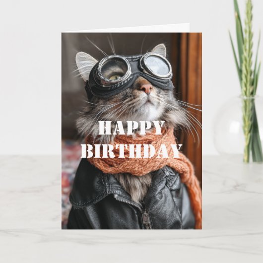 Birthday Cat Pilot Aviator Cool Funny Aviation カード (正面)