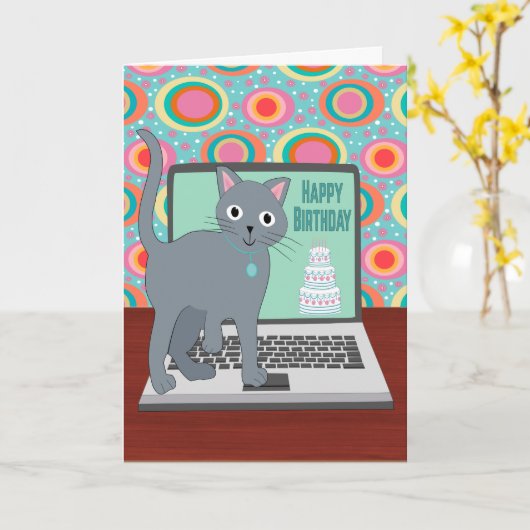 Birthday Cat Typing on Laptop カード (黄色い花)