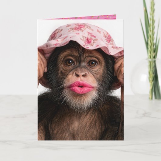 Birthday Chimpanzee Wearing Pink Lipstick カード (正面)