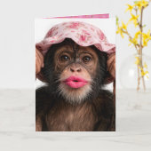 Birthday Chimpanzee Wearing Pink Lipstick カード (黄色い花)