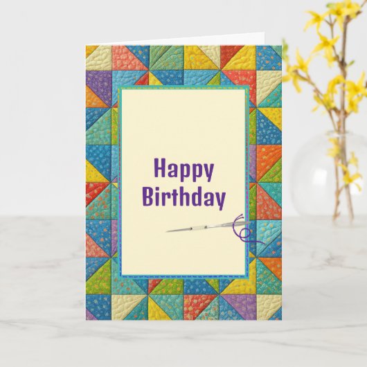 Birthday Colorful Pinwheel Quilt Design カード (黄色い花)