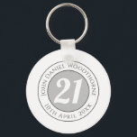 Birthday Commemoration with Name, Age, & Date キーホルダー<br><div class="desc">Commemorate a significant birthday with a keyring which is decorated with the name of the recipient,  as well as their age,  and date of birthday. A special keepsake that is practical too.</div>