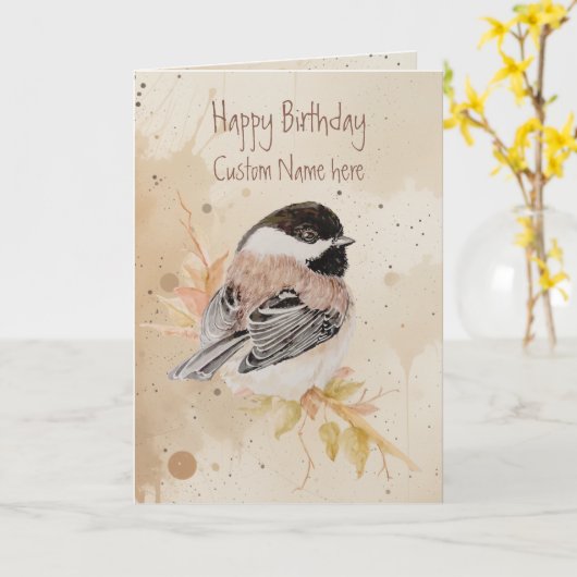 Birthday Custom Name Chickadee Bird カード (黄色い花)