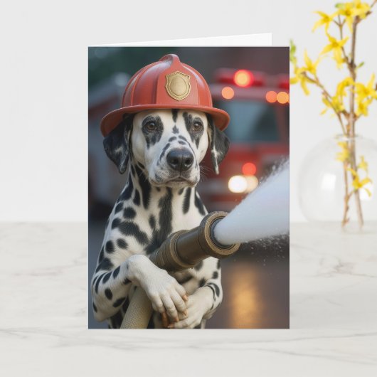 Birthday Dalmatian Dog Holding a Fire Hose カード (黄色い花)