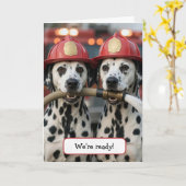 Birthday Dalmatian Dogs Holding a Fireman Hose カード (黄色い花)