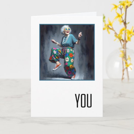 Birthday Dancing Old Lady  カード (黄色い花)