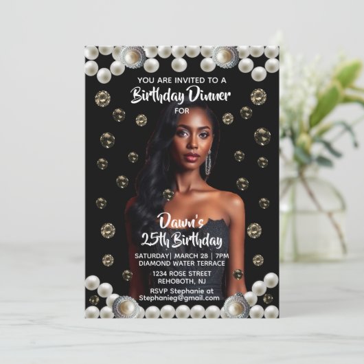Birthday Dinner Black, Diamond, & Pearl Photo 招待状 (スタンド正面)