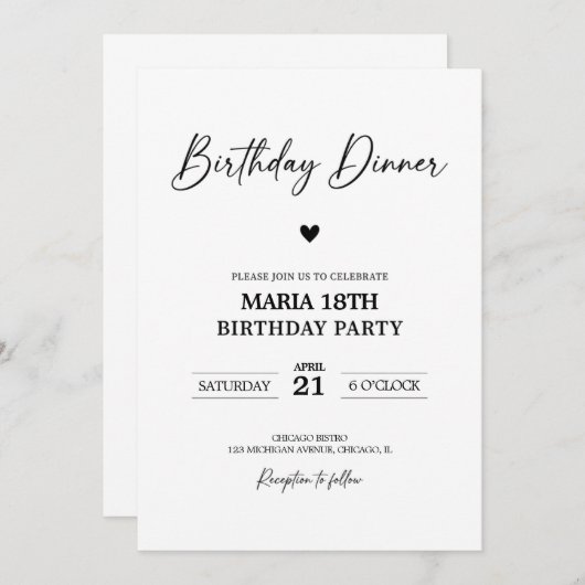 Birthday Dinner Invitation for Adults Editable 招待状 (正面/裏面)