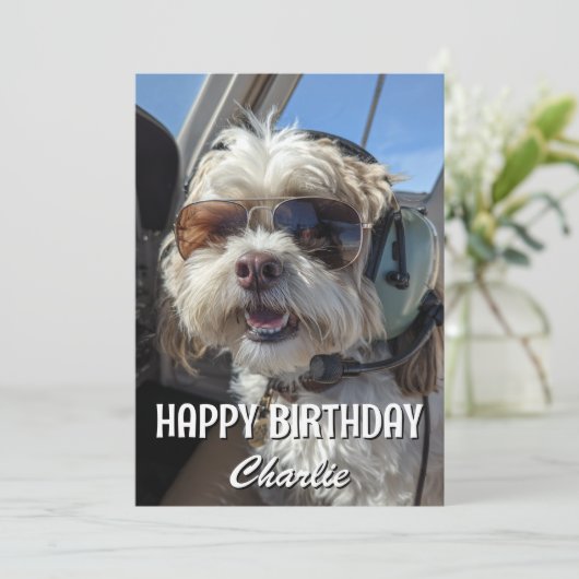 Birthday Dog Pilot Aviator Sunglasses Plane Funny カード (スタンド正面)