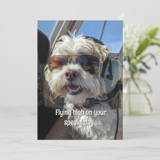 Birthday Dog Pilot Aviator Sunglasses Plane Funny カード (スタンド正面)