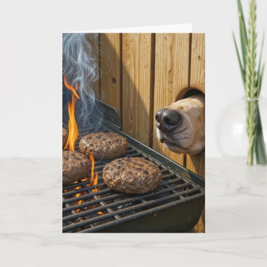Birthday Dog Sniffing Hamburgers On a Grill カード (正面)