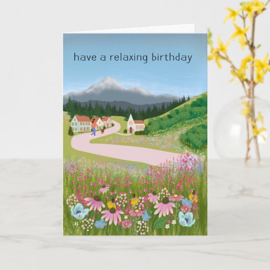 Birthday Dog Walking Country Town カード (黄色い花)