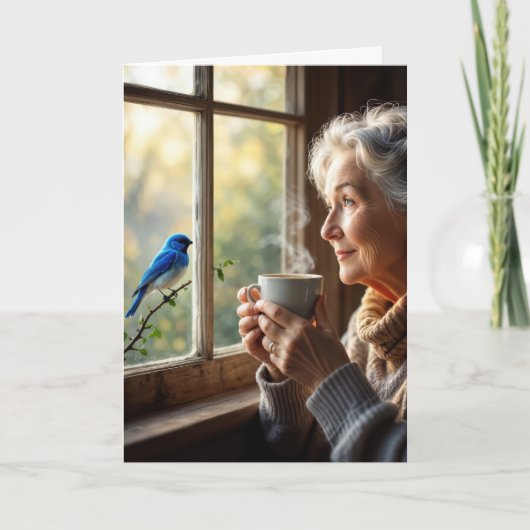 Birthday Elderly Woman Watching a Bluebird カード (正面)