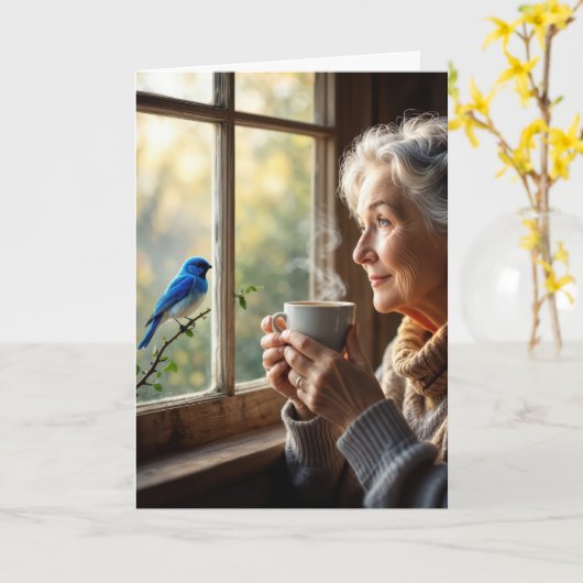 Birthday Elderly Woman Watching a Bluebird カード (黄色い花)