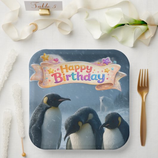Birthday emperor penguin nine square paper plates ペーパープレート (ウェディング)