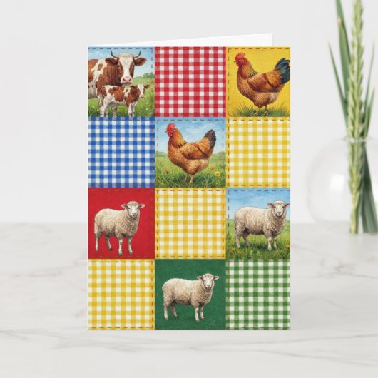 Birthday Farm Animals and Gingham Patchwork Quilt カード (正面)