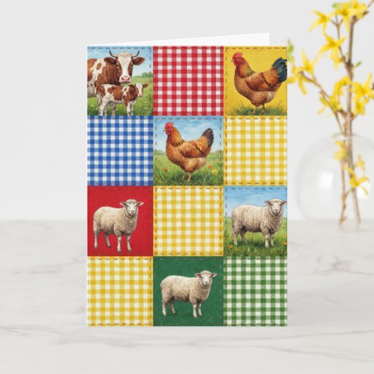Birthday Farm Animals and Gingham Patchwork Quilt カード (黄色い花)