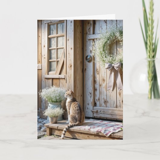 Birthday Farmhouse Cat With Baby's Breath Wreath カード (正面)