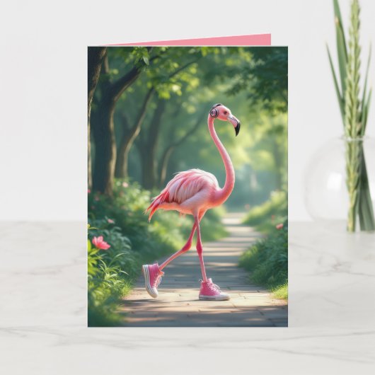 Birthday Flamingo Wearing Headphones and Sneakers カード (正面)