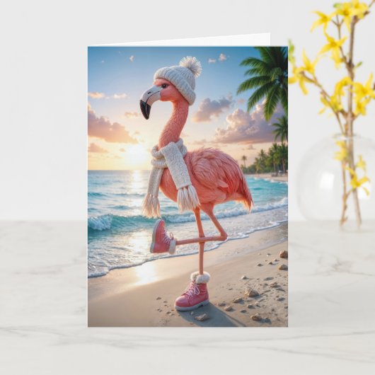 Birthday Flamingo Wearing Winter Boots and Scarf カード (黄色い花)