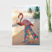 Birthday Flamingo With Champagne On a Beach カード (正面)